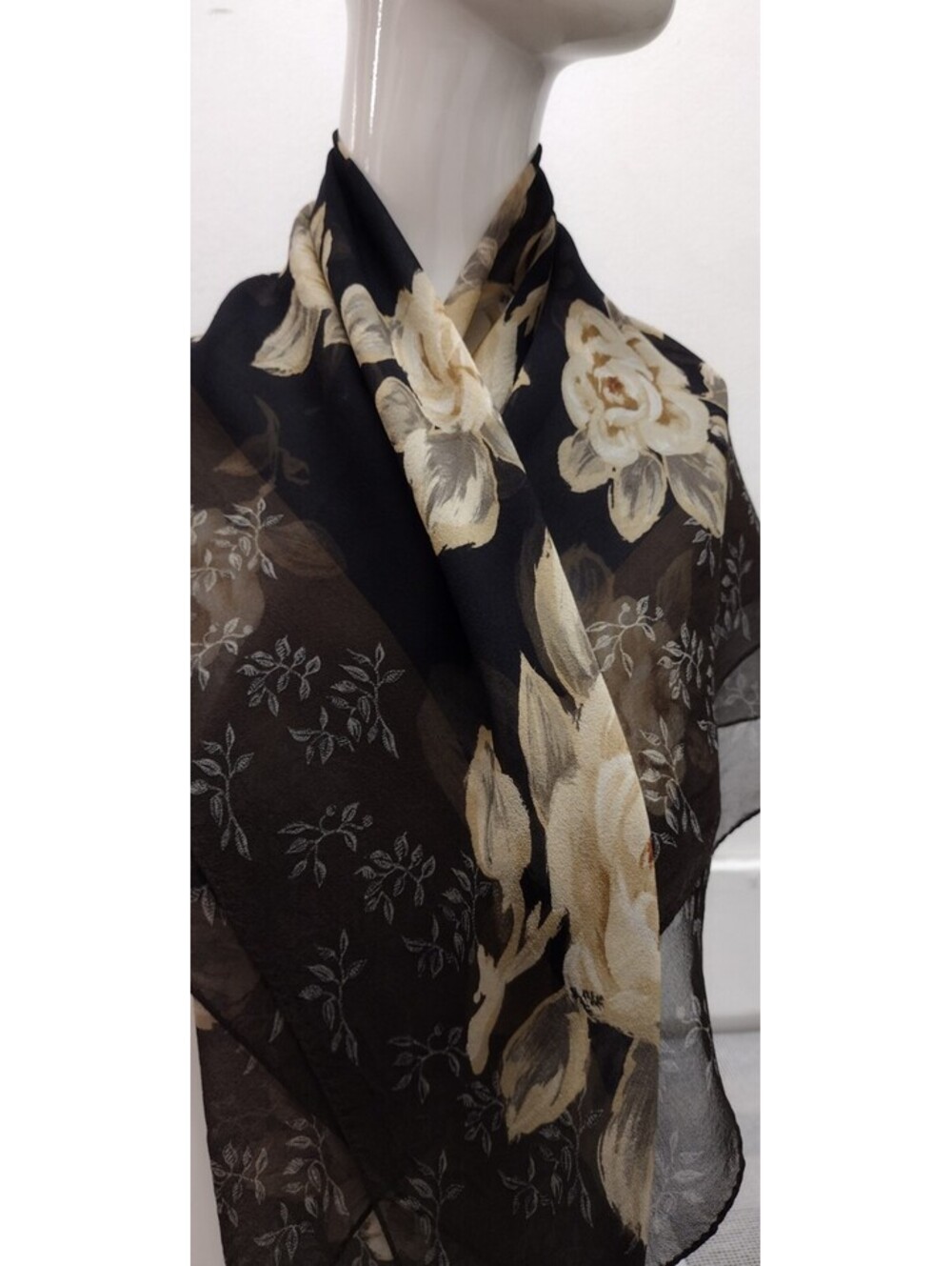 Vintage Echo Silk Scarf Watercolor Cream Roses Black Brown Sheer Fabric FINE ART